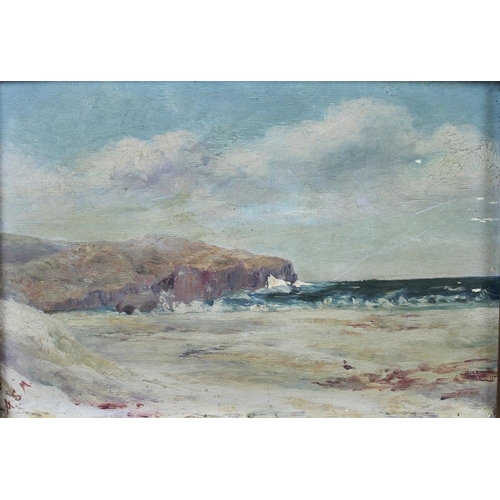 609 - ASM: 'Sawyers Head, Ocean Beach at Clais, Dunedin', oil on board, initialled lower left, titled in p... 