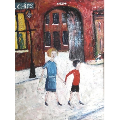 611 - Simeon Stafford (b. 1956) Cornish School: 'Children in the Street 1', with fish and chips bag, after... 