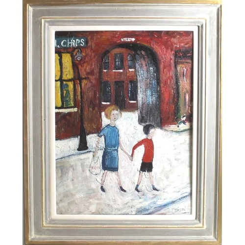 611 - Simeon Stafford (b. 1956) Cornish School: 'Children in the Street 1', with fish and chips bag, after... 