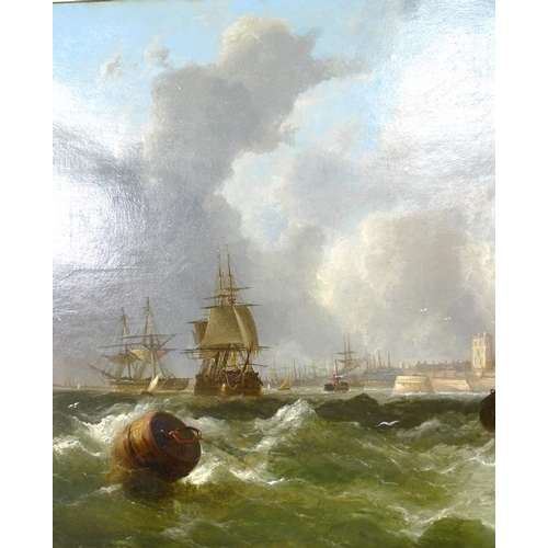 615 - John Callow (British, 1822-1878): a maritime study of sailing ships off a coastline, oil on canvas, ... 