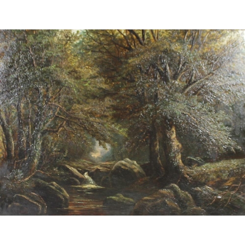 615A - Joseph Mellor (British, fl. 1850-1885): a woodland landscape, with dark trees and a stream, oil on c... 