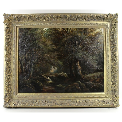 615A - Joseph Mellor (British, fl. 1850-1885): a woodland landscape, with dark trees and a stream, oil on c... 