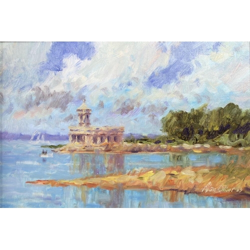 617 - Alan Oliver (20th century): Normanton Church, Rutland Water, oil on board, signed lower right, and d... 