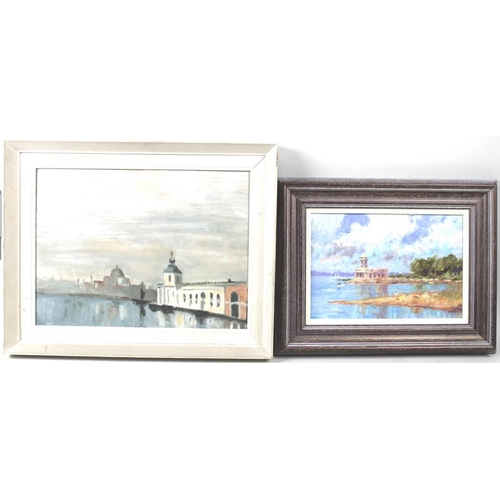 617 - Alan Oliver (20th century): Normanton Church, Rutland Water, oil on board, signed lower right, and d... 