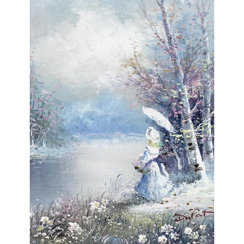 617A - Dupont: A 20th century oil on board depicting a Victorian girl in a spring landscape, signed lower r... 