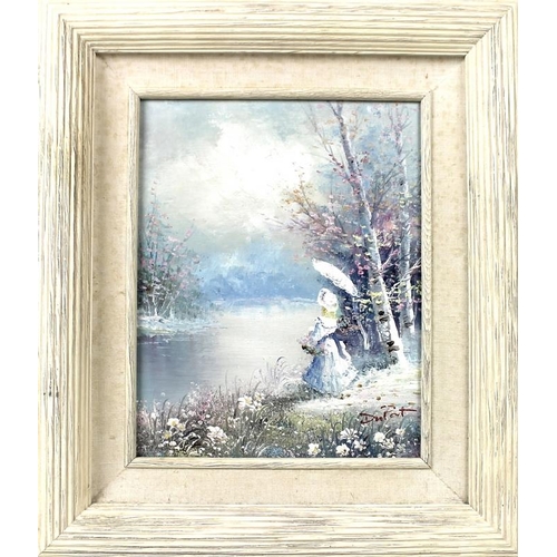 617A - Dupont: A 20th century oil on board depicting a Victorian girl in a spring landscape, signed lower r... 