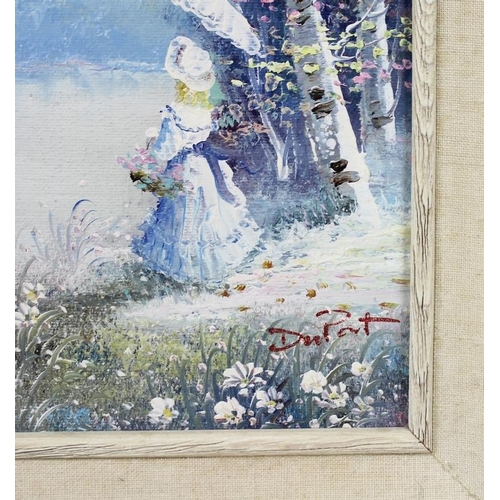 617A - Dupont: A 20th century oil on board depicting a Victorian girl in a spring landscape, signed lower r... 