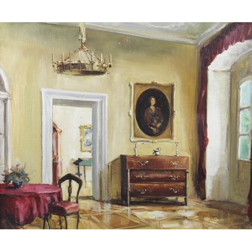 618 - Kamui Knorr O (20th century): an interior scene, oil on canvas, on Belgian stretcher bars, signed lo... 