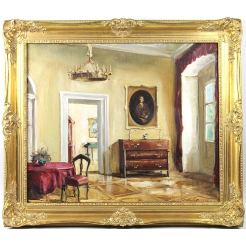 618 - Kamui Knorr O (20th century): an interior scene, oil on canvas, on Belgian stretcher bars, signed lo... 