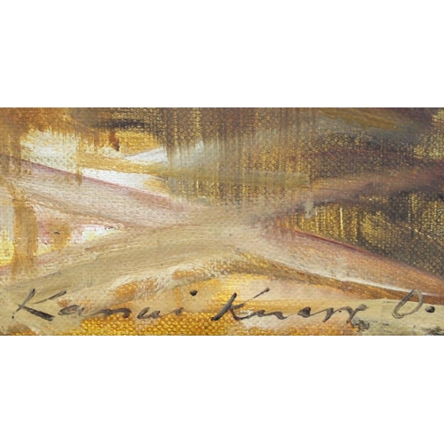 618 - Kamui Knorr O (20th century): an interior scene, oil on canvas, on Belgian stretcher bars, signed lo... 