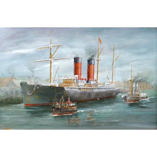 619 - William Robinson Brown (American, 1875-1955): a twin funnel steamer ship, in harbour with tug boat a... 