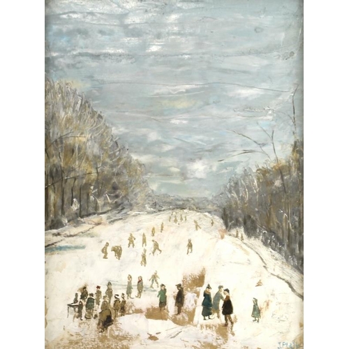 620 - J. Plate (Continental School, early 20th century): an unusual oil on panel in the style of Lowry, de... 