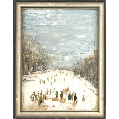 620 - J. Plate (Continental School, early 20th century): an unusual oil on panel in the style of Lowry, de... 