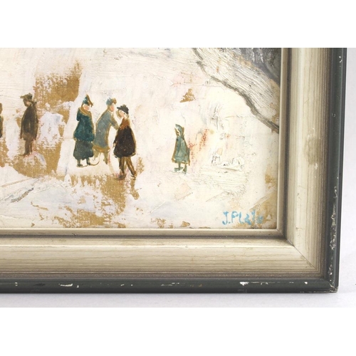 620 - J. Plate (Continental School, early 20th century): an unusual oil on panel in the style of Lowry, de... 