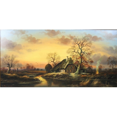 622A - Horst Baumgart (German, b. Kraftborn 1932): a continental landscape with thatched cottage at sunset,... 