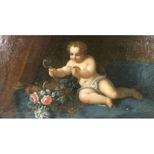 624 - A 17th century Roman School oil on canvas, depicting the infant Hercules, seated with a bowl of flow... 