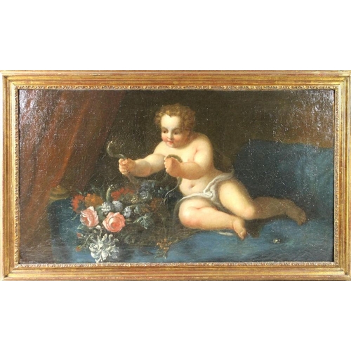 624 - A 17th century Roman School oil on canvas, depicting the infant Hercules, seated with a bowl of flow... 