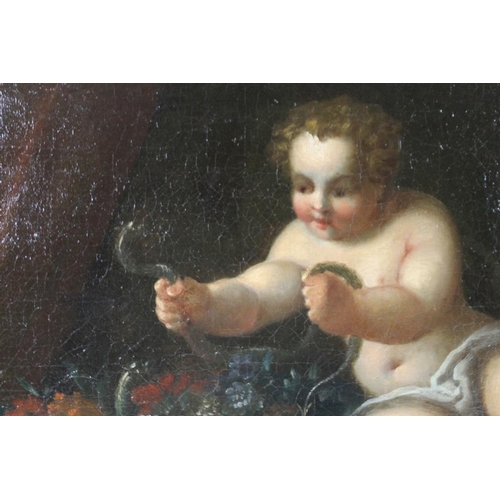 624 - A 17th century Roman School oil on canvas, depicting the infant Hercules, seated with a bowl of flow... 