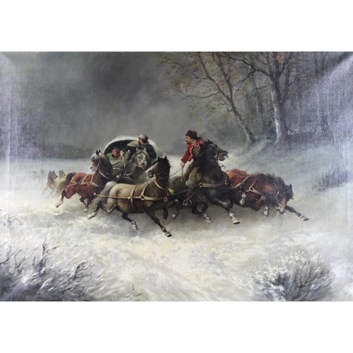 625 - A Russian late 19th / early 20th century oil on canvas of galloping horses pulling a sleigh through ... 