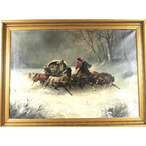 625 - A Russian late 19th / early 20th century oil on canvas of galloping horses pulling a sleigh through ... 