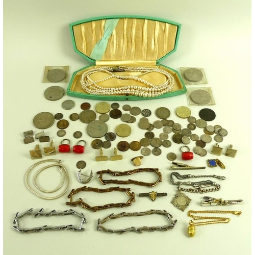 777 - A collection of mostly silver and costume jewellery, including a silver watch chain with shield shap... 