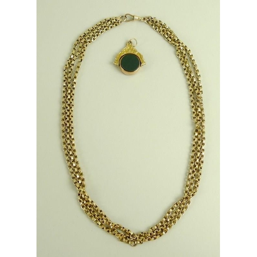 781 - A 10ct gold triple strand rolo link chain, 36.5g, 52cm, together with a 9ct gold and bloodstone swiv... 