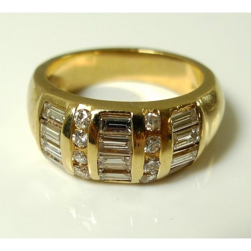 789 - A 14ct gold and diamond dress ring, circa 1965, set with three bands of baguette cut and two bands o... 