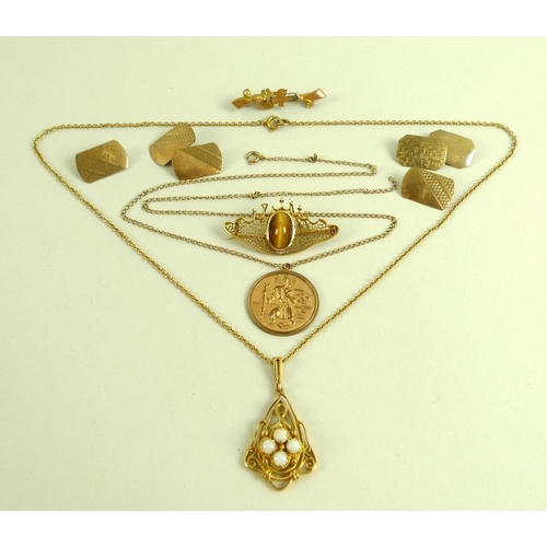 791 - A selection of mostly gold jewellery including a 9ct gold and opal pendant on 9ct gold chain, a 9ct ... 