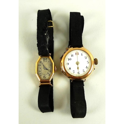 797 - A lady's Art Deco 18ct gold octagonal faced wristwatch, with black gros grain strap and 18ct gold cl... 