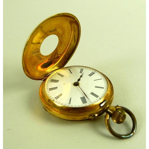 824 - A lady's 18K gold half hunter pocket watch, with B & Cie movement, white enamel dial with black Roma... 