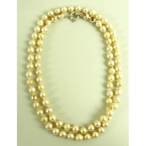 826 - A string of Baroque shaped pearls, with a white metal clasp, each approx 8mm, 84.7g, 87cm long, in a... 