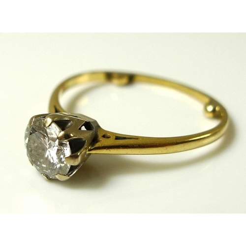 832 - A diamond solitaire ring, the brilliant cut stone approx 0.7ct, on unmarked gold band with later nub... 