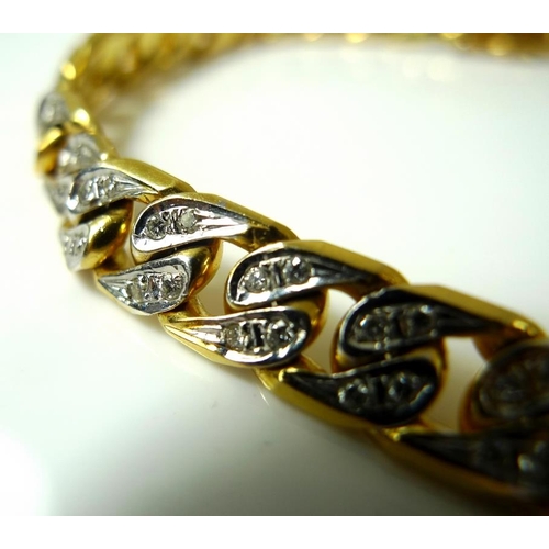 833 - An 18ct gold, white gold and diamond bracelet, with panels of flat curb links set with four diamonds... 