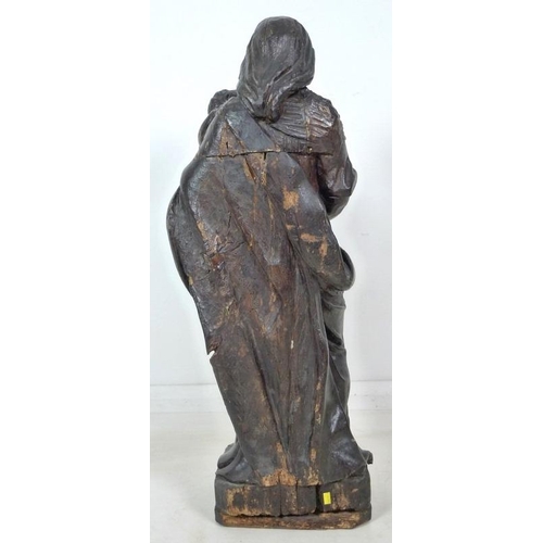 861 - A French carved and painted softwood Madonna and child, 17th century, raised on a square base with c... 