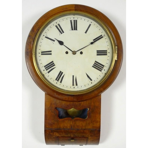 864 - A mahogany cased drop dial wall clock, late 19th century, white enamel dial with black Roman numeral... 