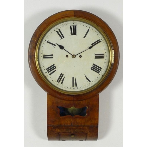 864 - A mahogany cased drop dial wall clock, late 19th century, white enamel dial with black Roman numeral... 