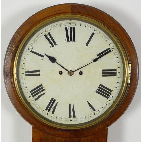 864 - A mahogany cased drop dial wall clock, late 19th century, white enamel dial with black Roman numeral... 