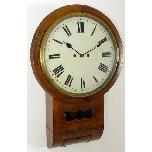 864 - A mahogany cased drop dial wall clock, late 19th century, white enamel dial with black Roman numeral... 