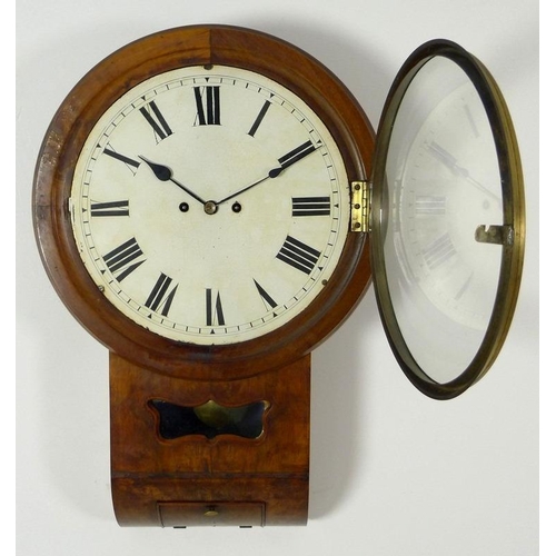 864 - A mahogany cased drop dial wall clock, late 19th century, white enamel dial with black Roman numeral... 