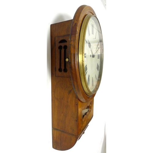 864 - A mahogany cased drop dial wall clock, late 19th century, white enamel dial with black Roman numeral... 