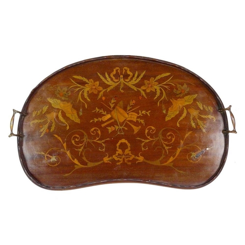 864A - A Edwardian mahogany kidney shaped tray, with central inlaid decoration of flowers and musical instr... 