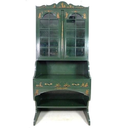 866A - A painted Chinoiserie bureau bookcase, mid to late 20th century, decorated in dark green with figure... 