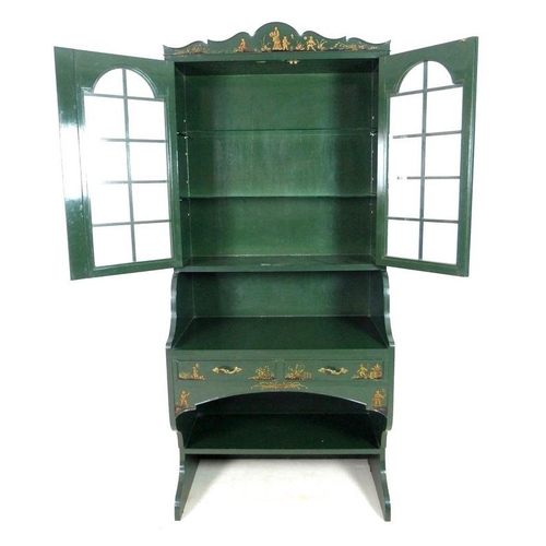 866A - A painted Chinoiserie bureau bookcase, mid to late 20th century, decorated in dark green with figure... 