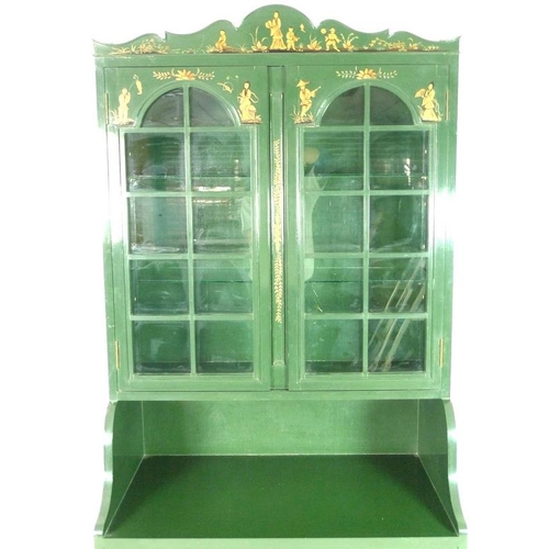 866A - A painted Chinoiserie bureau bookcase, mid to late 20th century, decorated in dark green with figure... 