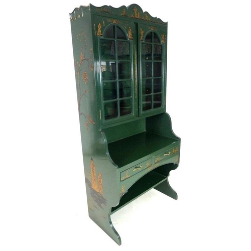 866A - A painted Chinoiserie bureau bookcase, mid to late 20th century, decorated in dark green with figure... 