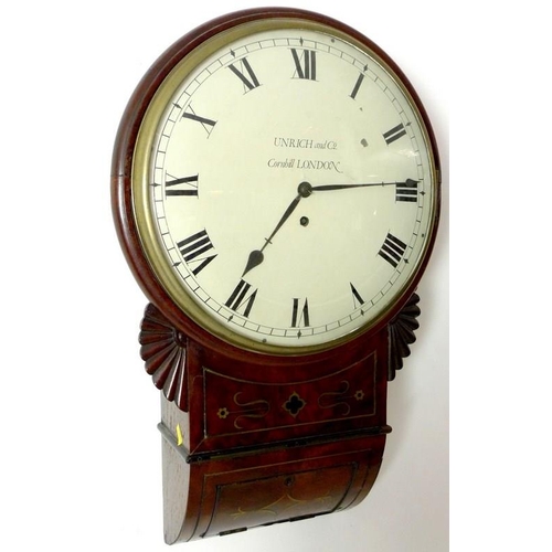 867 - An early 19th century mahogany drop dial wall clock, by Unrich and Co, Cornhill, London, white ename... 