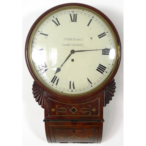 867 - An early 19th century mahogany drop dial wall clock, by Unrich and Co, Cornhill, London, white ename... 