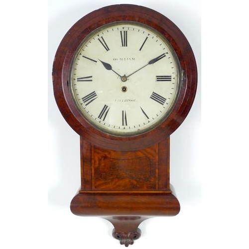 869 - A Victorian and ebony inlaid drop cased wall clock, white enamel dial with black Roman numerals, sig... 