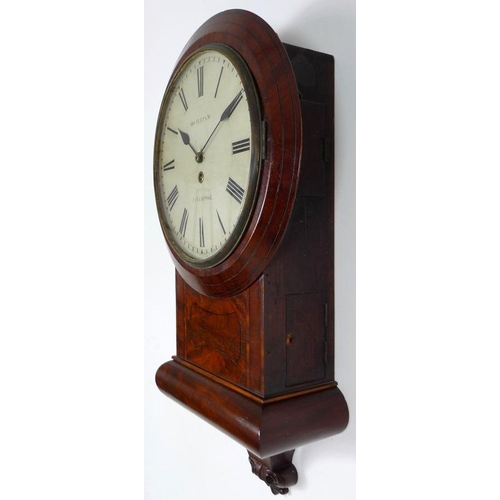 869 - A Victorian and ebony inlaid drop cased wall clock, white enamel dial with black Roman numerals, sig... 