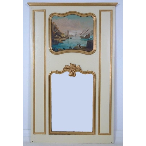 871 - An 18th century style pier glass, 20th century, with inset oil on board of harbour scene over a mirr... 